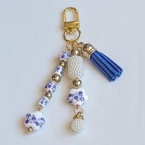 New Gold and Blue Floral (Ceramic) Beaded Keychain Or Purse Charm